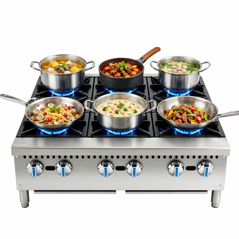 Kolice Commercial Countertop Gas Hot Plate, 6 Burners, 150,000 BTU (6 x 25,000 BTU), Natural Gas with Propane Conversion Kit, Detachable Cast Iron Grates, for Institutional Kitchens
