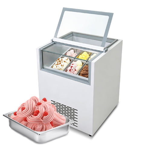 Commercial Ice Cream Display Freezer, 6-Pan Gelato Showcase with Auto Defrost Glass Lid, Digital Temp Control, Movable Casters for Restaurant & Shop