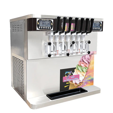 ETL Encimera de Servicio Pesado Máquina de Helado Suave de 7 Sabores Máquina para Hacer Helado de Yogurt Helado Tanques Superiores Dispensadores Transparentes refrigerados 4+3 Sabores Mezclados