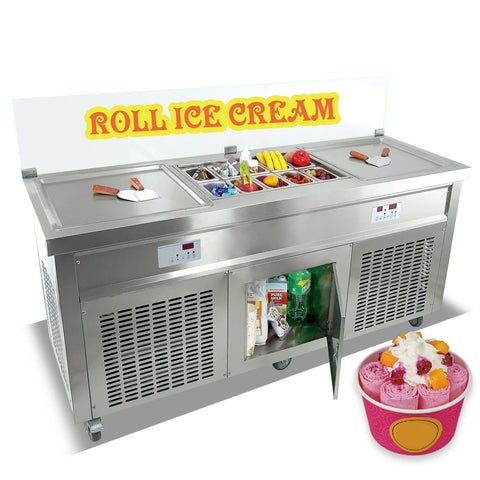 ETL 21 pouces double casseroles carrées Machine à rouleaux de crème glacée sautée instantanée Smart AI Tempe. Control Transparent Sneeze Guard 10 Seaux Réfrigérés