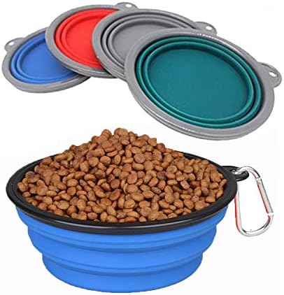 Collapsible Portable Silicone Big Dog Bowls, 2 Pack, 34 oz/Each Bowl, Silicone Basic Bowl with Plastic Rim and D-Ring, Foldable Travel pet Feeder, Portable Basic Bowl for Dog (Blue)
