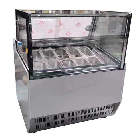 Kolice 10-Pan Ice Cream Showcase Freezer, 110V/60Hz 835W, -15°C to -18°C, Triple Anti-Fog Glass, Auto Defrost, for Cafes & Restaurants