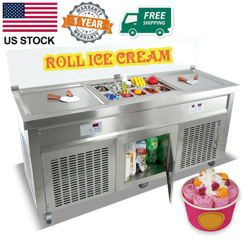 ETL certificate 21 inches Double Square Pan Fried Ice Cream Roll Machine Smart AI Temp. Control Transparent Sneeze Guard 10 Refrigerated Buckets