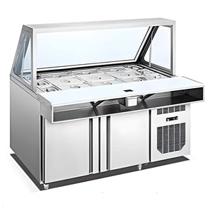 59 inches Standing Refrigerated Condiment Prep Station with Rectangular Glass Cover - 3 Doors Sandwich/Salad Bar Refrigerator Includes Nine 1/4 + Six 1/6 Pans (Customizable)