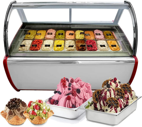 Kolice 18-Pan Hard Ice Cream Display Freezer, 2100W 110V, 66.93"x45.28"x52.36", Auto Defrost, Anti-fog Glass, for Ice Cream Stores