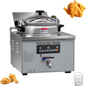 Commercial 16L Tabletop Electric Pressure Fryer, Fast Food Pressure Deep Fryer, Frying Machine Smart Control, Auto Timer & Fast Oil Drain