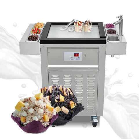 Kolice Commercial Cold Stone Ice Cream Machine, 1200W, 110V/220V, 46x46cm Marble Plate, 6 Stainless Steel Tanks, Transparent Sneeze Guard