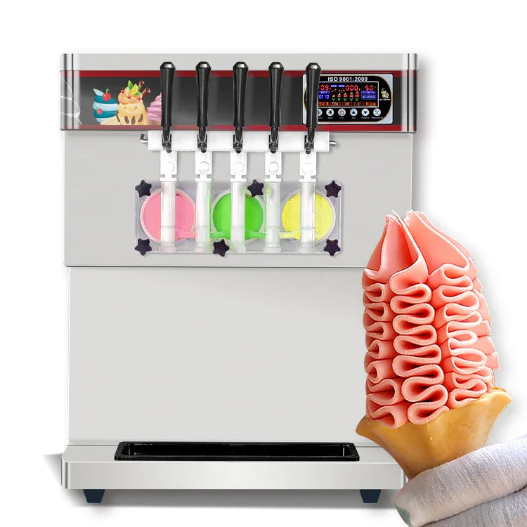 ETL Desktop 5 Flavors Soft Serve Ice Cream Machine maker 5 Different Discharge Nozzles Upper Tanks Refrigerated Transparent Dispenser Set