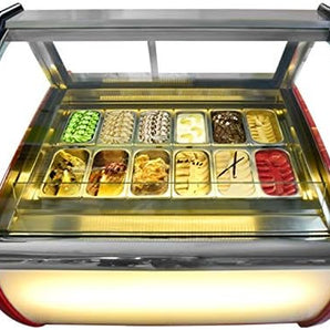 Commercial 12 Pans Ice Cream Showcase Display Freezer Ice Cream Display Cooler, Cool Air Convection Design, Auto Defrost, Anti-Fog Glass, LED light included