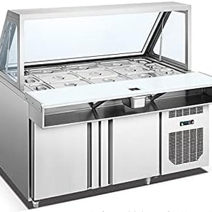 59'' Standing Refrigerated Condiment Prep Station with Rectangular Glass Cover - 3 Doors Sandwich/Salad Bar Refrigerator Includes Nine 1/4 + Six 1/6 Pans (Customizable)