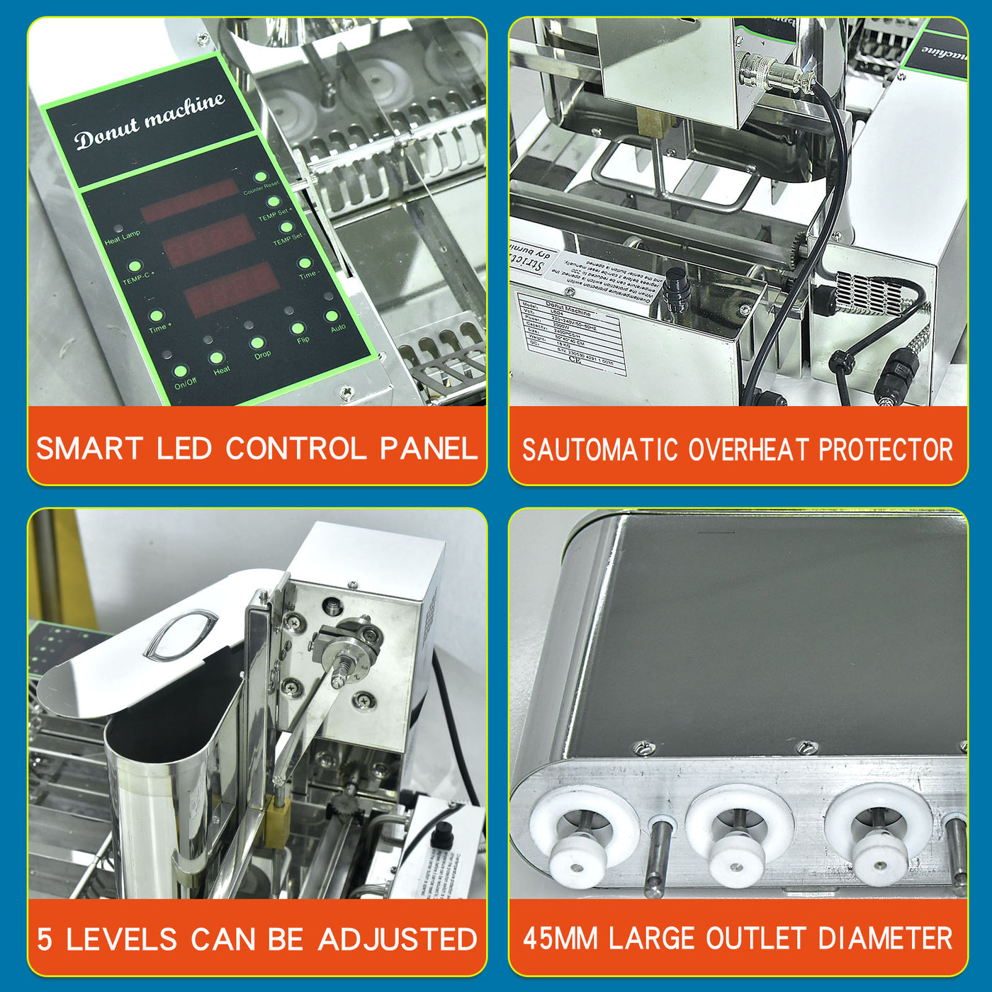 KDM4-25 LED temperature panel, thickness adjustment and dough outlet details