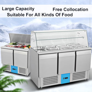 59'' Standing Refrigerated Condiment Prep Station with Rectangular Glass Cover - 3 Doors Sandwich/Salad Bar Refrigerator Includes Nine 1/4 + Six 1/6 Pans (Customizable)