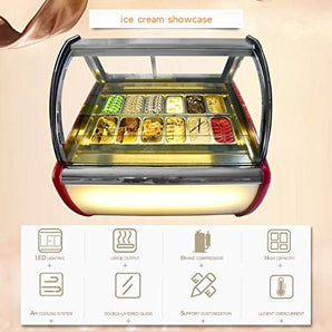 Commercial 12 Pans Ice Cream Showcase Display Freezer Ice Cream Display Cooler, Cool Air Convection Design, Auto Defrost, Anti-Fog Glass, LED light included