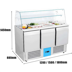 59 inches Standing Refrigerated Condiment Prep Station with Rectangular Glass Cover - 3 Doors Sandwich/Salad Bar Refrigerator Includes Nine 1/4 + Six 1/6 Pans (Customizable)