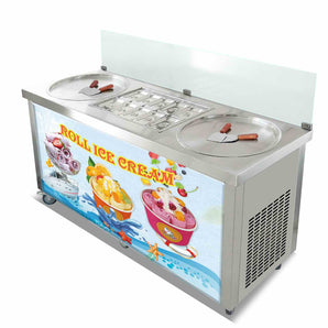 ETL 22 pouces Double casseroles rondes Machine à rouleaux de crème glacée frite thaïlandaise Contrôle intelligent de la température AI Protection contre les éternuements entièrement transparente 10 seaux réfrigérés