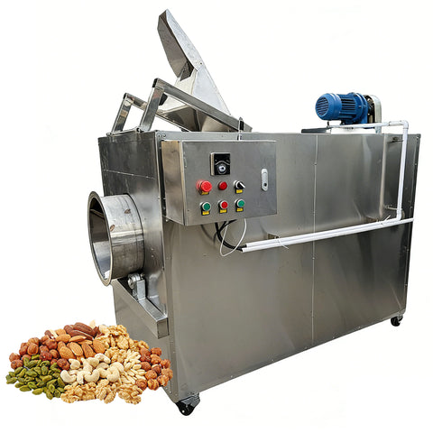 Commercial Gas-Fired Automatic Nut Roaster Machine - 220lb/batch Rotary Drum Baker for Sunflower Seeds, Cashew Nuts, Peanuts, Makhana, and Coffee Beans