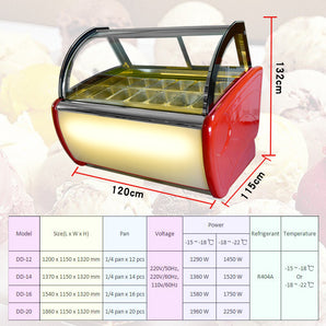 12 Pans Ice Cream Showcase Display Freezer Ice Cream Display Cooler-White Color, Cool Air Convection Design,Auto Defrost, Anti-Fog Glass,LED light included