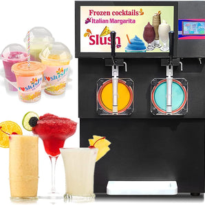 Heavy Duty two bowls Margarita Cocktail Slushy Machine Milkshake Maker with 4.3 inches Touch Screen Panel LED Advertising Lightbox