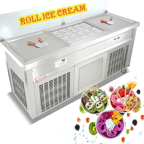 ETL US warehouse delivery 21 inches Double Pan Fried Ice Cream Roll Machine Smart AI Tempe. Control Transparent Sneeze Guard 10 Refrigerated Buckets
