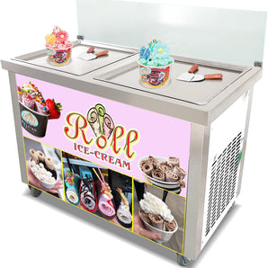 Kolice ETL Machine à crème glacée frite commerciale Machine à rouleaux de crème glacée au yaourt sauté thaïlandais-20,50 "x 20,50" double casseroles carrées, dégivrage automatique, protection transparente contre les éternuements