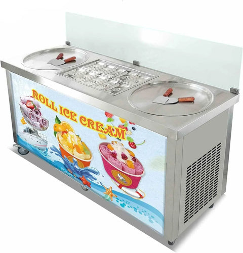 Kolice ETL Commercial Machine à rouleaux de crème glacée à double poêle ronde de 55,9 cm - Contrôle intelligent de la température par IA, 10 seaux de refroidissement, protection transparente contre les éternuements