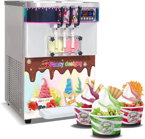 Kolice Commercial 2+1 Mixed Flavors Desktop Soft Ice Cream Machine, 1800W, 110V/60Hz, Upper Tanks Refrigerated, Transparent Dispensers for Ice Cream Shops
