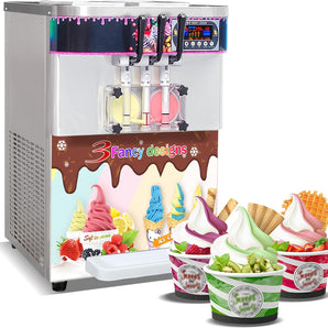 Kolice Commercial 3 flavors soft serve ice cream machine yogurt ice cream maker upper hoppers refrigerated countertop auto counting washing